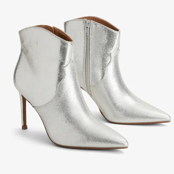 Express Pointed Toe Thin Heeled Booties. Metallic Silver. Size 8 - Picture 1 of 16